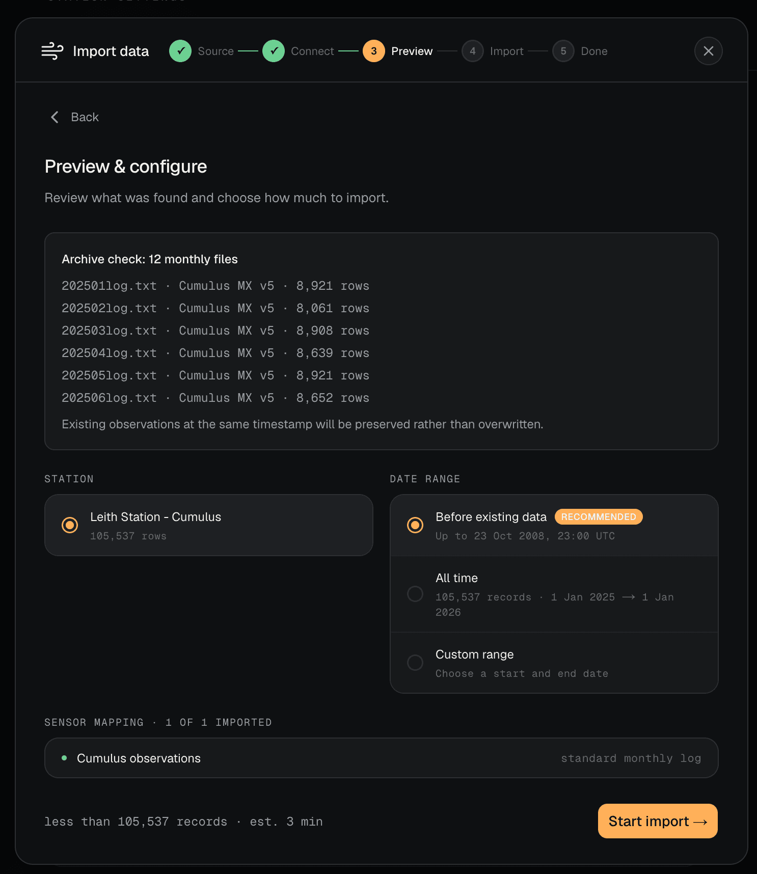 The Cumulus archive preview, showing detected monthly log files