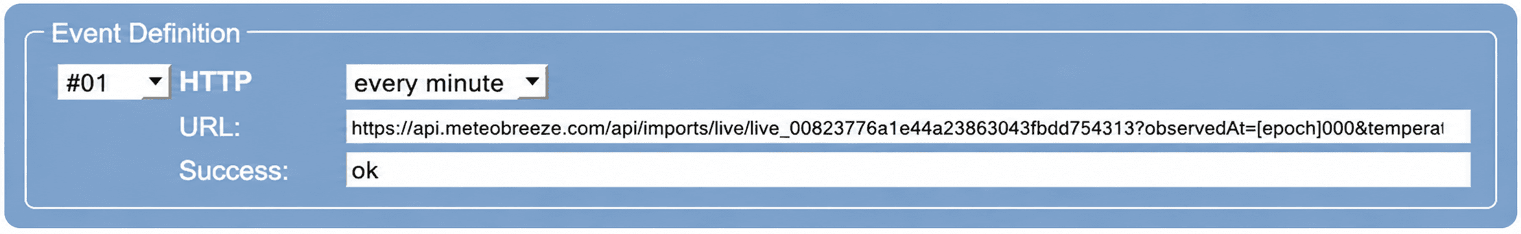 Meteobridge HTTP event configured to run every minute with the Meteobreeze URL and ok success string