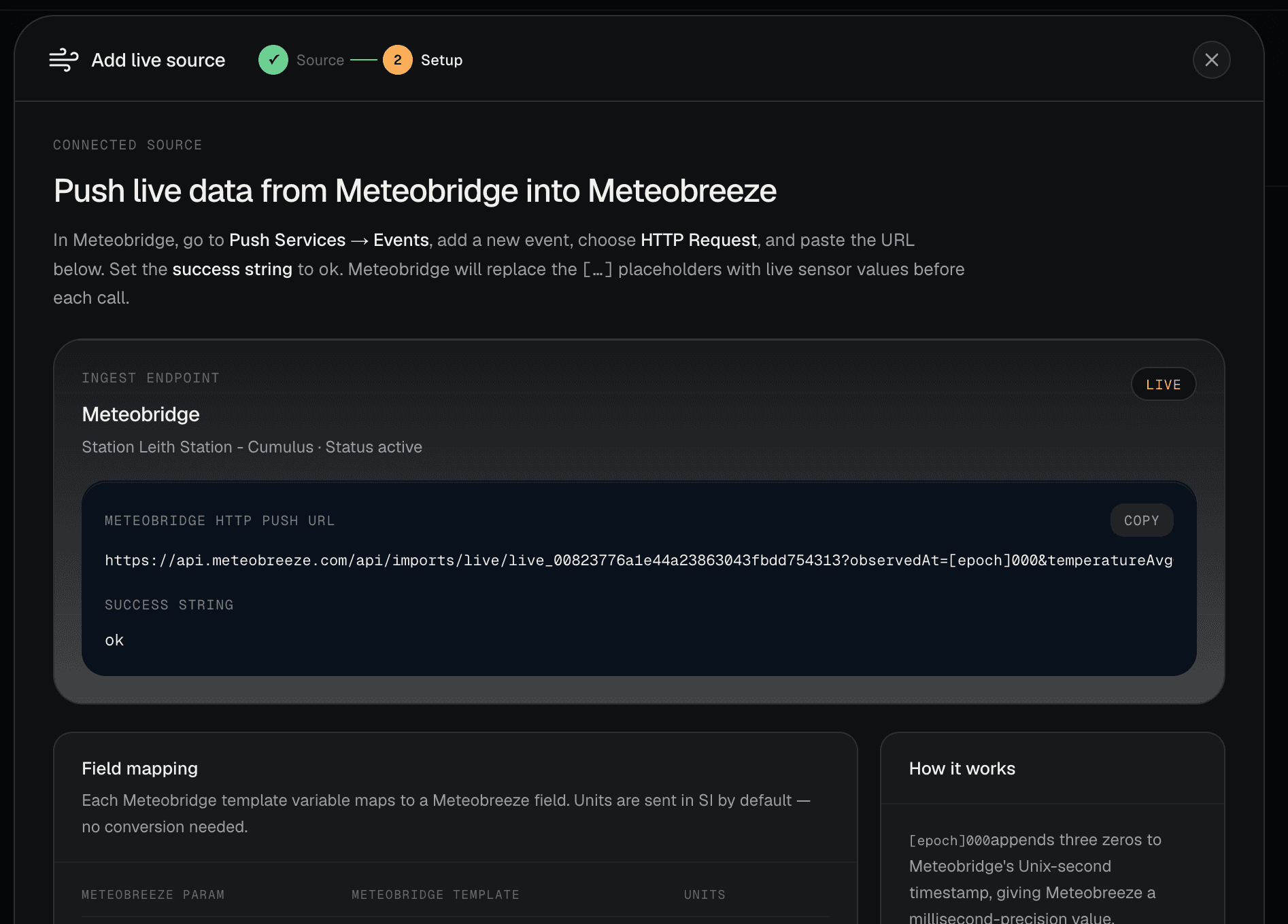 Meteobreeze Meteobridge live-source setup showing the generated HTTP push URL and success string