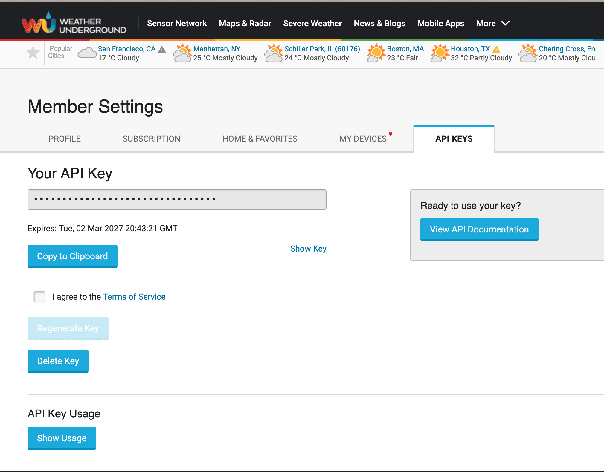 The Weather Underground API keys page, showing where to generate and copy a key