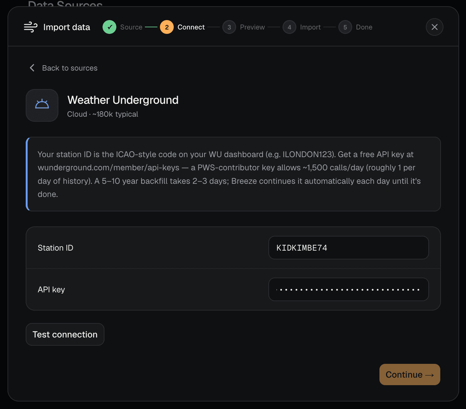 The Weather Underground connection form with the station ID and API key entered