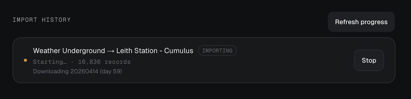 A running import listed in import history, with its progress line and Stop button