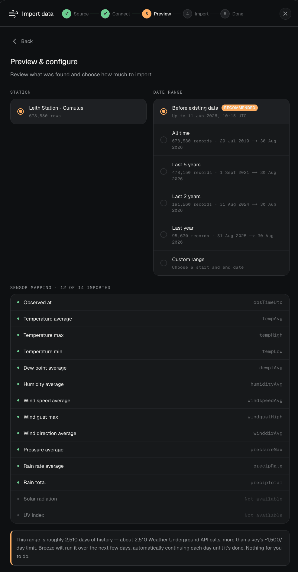 The preview screen showing the import range options and estimated record count